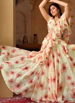 Light Pista Digital Painted Georgette Lehenga with Floral Work, Designer Stitched Blouse & Cascade Dupatta 4