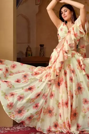 Light Pista Digital Painted Georgette Lehenga with Floral Work, Designer Stitched Blouse & Cascade Dupatta