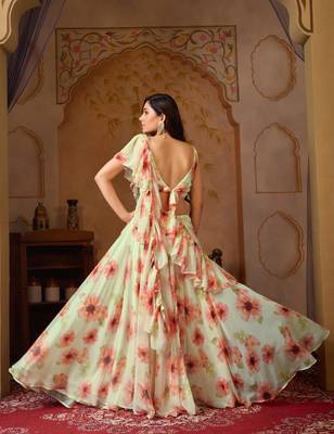 Light Pista Digital Painted Georgette Lehenga with Floral Work, Designer Stitched Blouse & Cascade Dupatta 5
