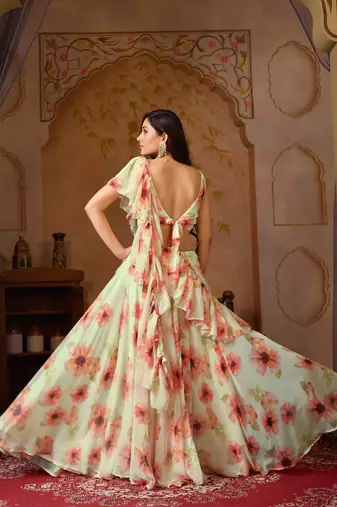 Light Pista Digital Painted Georgette Lehenga with Floral Work, Designer Stitched Blouse & Cascade Dupatta