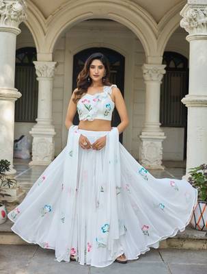 White Hand-Painted Floral Work Soft Georgette Lehenga Choli with Designer Blouse, Ethnic Style Festive Wear 1