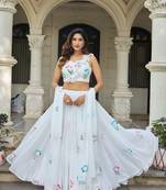White Hand-Painted Floral Work Soft Georgette Lehenga Choli with Designer Blouse, Ethnic Style Festive Wear