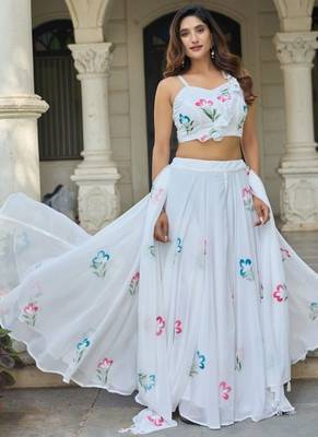 White Hand-Painted Floral Work Soft Georgette Lehenga Choli with Designer Blouse, Ethnic Style Festive Wear 2