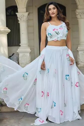 White Hand-Painted Floral Work Soft Georgette Lehenga Choli with Designer Blouse, Ethnic Style Festive Wear