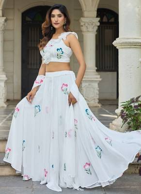 White Hand-Painted Floral Work Soft Georgette Lehenga Choli with Designer Blouse, Ethnic Style Festive Wear 3