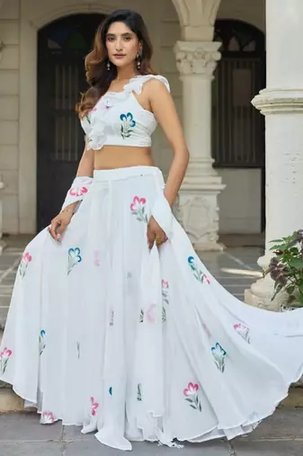 White Hand-Painted Floral Work Soft Georgette Lehenga Choli with Designer Blouse, Ethnic Style Festive Wear