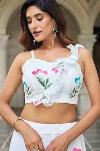 White Hand-Painted Floral Work Soft Georgette Lehenga Choli with Designer Blouse, Ethnic Style Festive Wear