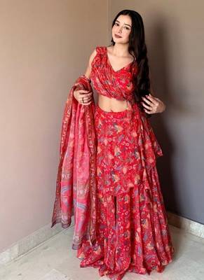 Red Floral Printed Work Soft Georgette Lehenga Choli with Sleeveless Designer Blouse, Festive Ethnic Wear Set 1
