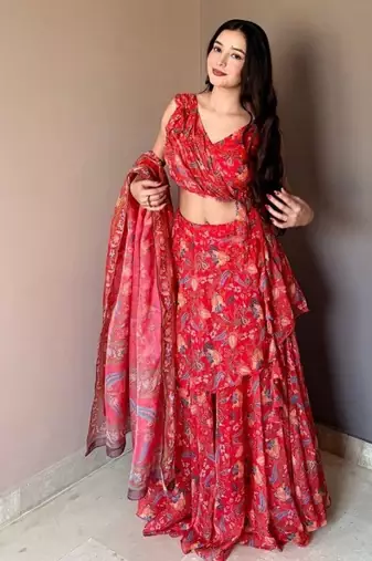 Red Floral Printed Work Soft Georgette Lehenga Choli with Sleeveless Designer Blouse, Festive Ethnic Wear Set