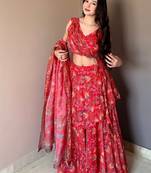Red Floral Printed Work Soft Georgette Lehenga Choli with Sleeveless Designer Blouse, Festive Ethnic Wear Set