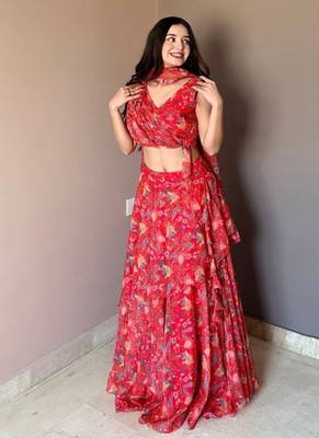 Red Floral Printed Work Soft Georgette Lehenga Choli with Sleeveless Designer Blouse, Festive Ethnic Wear Set 2