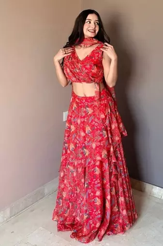 Red Floral Printed Work Soft Georgette Lehenga Choli with Sleeveless Designer Blouse, Festive Ethnic Wear Set