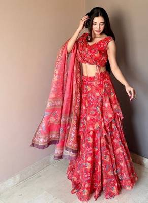 Red Floral Printed Work Soft Georgette Lehenga Choli with Sleeveless Designer Blouse, Festive Ethnic Wear Set 3