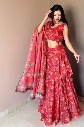 Red Floral Printed Work Soft Georgette Lehenga Choli with Sleeveless Designer Blouse, Festive Ethnic Wear Set
