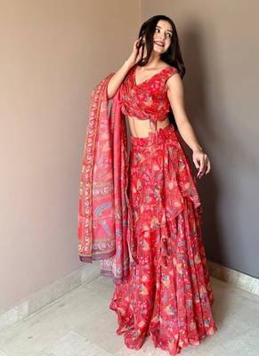 Red Floral Printed Work Soft Georgette Lehenga Choli with Sleeveless Designer Blouse, Festive Ethnic Wear Set 4