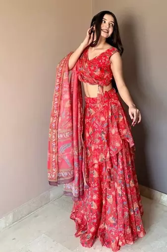 Red Floral Printed Work Soft Georgette Lehenga Choli with Sleeveless Designer Blouse, Festive Ethnic Wear Set