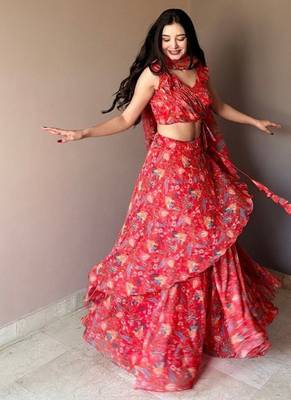 Red Floral Printed Work Soft Georgette Lehenga Choli with Sleeveless Designer Blouse, Festive Ethnic Wear Set 5