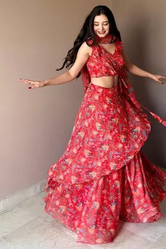 Red Floral Printed Work Soft Georgette Lehenga Choli with Sleeveless Designer Blouse, Festive Ethnic Wear Set