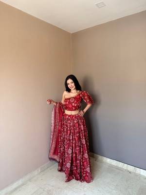 Maroon Color Floral Printed Work Soft Georgette Lehenga Choli with One-Shoulder Designer Blouse, Festive Ethnic Wear Set 1