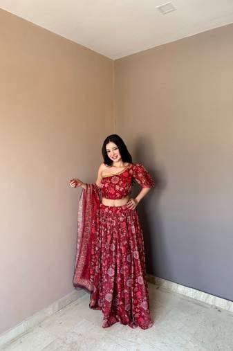 Maroon Color Floral Printed Work Soft Georgette Lehenga Choli with One-Shoulder Designer Blouse, Festive Ethnic Wear Set