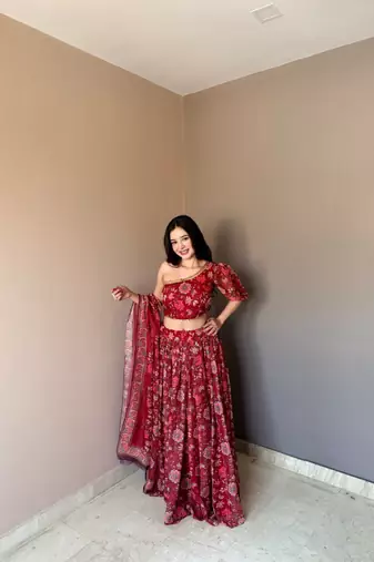 Maroon Color Floral Printed Work Soft Georgette Lehenga Choli with One-Shoulder Designer Blouse, Festive Ethnic Wear Set
