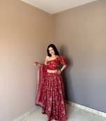 Maroon Color Floral Printed Work Soft Georgette Lehenga Choli with One-Shoulder Designer Blouse, Festive Ethnic Wear Set