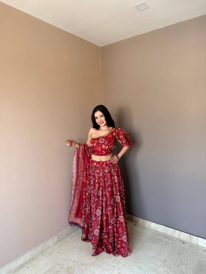 Maroon Color Floral Printed Work Soft Georgette Lehenga Choli with One-Shoulder Designer Blouse, Festive Ethnic Wear Set