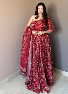 Maroon Color Floral Printed Work Soft Georgette Lehenga Choli with One-Shoulder Designer Blouse, Festive Ethnic Wear Set 2