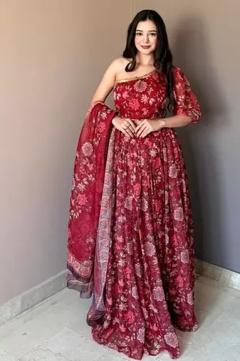 Maroon Color Floral Printed Work Soft Georgette Lehenga Choli with One-Shoulder Designer Blouse, Festive Ethnic Wear Set