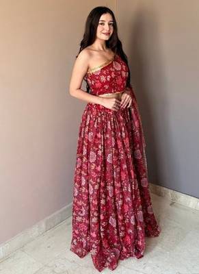 Maroon Color Floral Printed Work Soft Georgette Lehenga Choli with One-Shoulder Designer Blouse, Festive Ethnic Wear Set 3