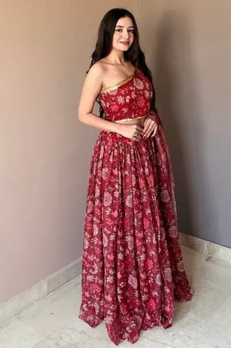 Maroon Color Floral Printed Work Soft Georgette Lehenga Choli with One-Shoulder Designer Blouse, Festive Ethnic Wear Set