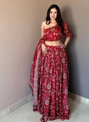 Maroon Color Floral Printed Work Soft Georgette Lehenga Choli with One-Shoulder Designer Blouse, Festive Ethnic Wear Set 4