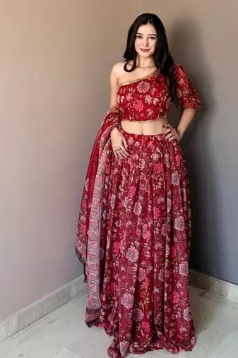 Maroon Color Floral Printed Work Soft Georgette Lehenga Choli with One-Shoulder Designer Blouse, Festive Ethnic Wear Set