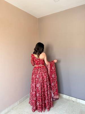 Maroon Color Floral Printed Work Soft Georgette Lehenga Choli with One-Shoulder Designer Blouse, Festive Ethnic Wear Set 5