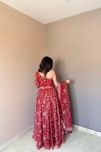 Maroon Color Floral Printed Work Soft Georgette Lehenga Choli with One-Shoulder Designer Blouse, Festive Ethnic Wear Set