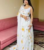 White Hand-Painted Floral Work Pure Organza Lehenga Choli with Designer Blouse and Kodi Work Border