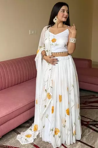 White Hand-Painted Floral Work Pure Organza Lehenga Choli with Designer Blouse and Kodi Work Border