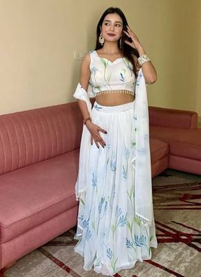 White Georgette Hand-Painted Floral Lehenga with Kodi Work Blouse and Matching Dupatta 1