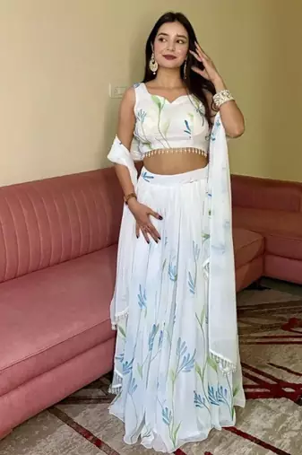 White Georgette Hand-Painted Floral Lehenga with Kodi Work Blouse and Matching Dupatta