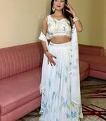 White Georgette Hand-Painted Floral Lehenga with Kodi Work Blouse and Matching Dupatta
