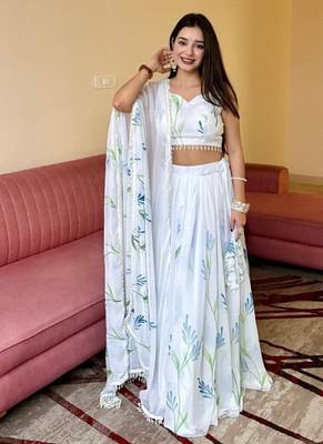 White Georgette Hand-Painted Floral Lehenga with Kodi Work Blouse and Matching Dupatta 2