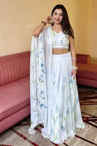 White Georgette Hand-Painted Floral Lehenga with Kodi Work Blouse and Matching Dupatta