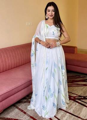 White Georgette Hand-Painted Floral Lehenga with Kodi Work Blouse and Matching Dupatta 3