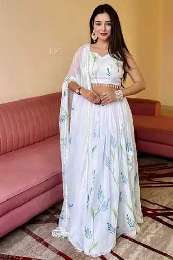 White Georgette Hand-Painted Floral Lehenga with Kodi Work Blouse and Matching Dupatta