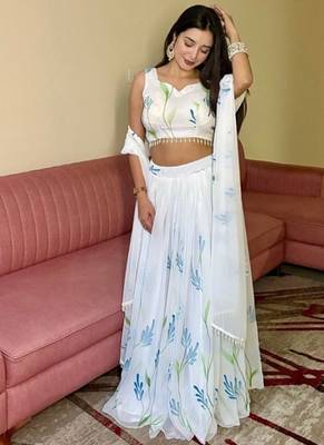 White Georgette Hand-Painted Floral Lehenga with Kodi Work Blouse and Matching Dupatta 4