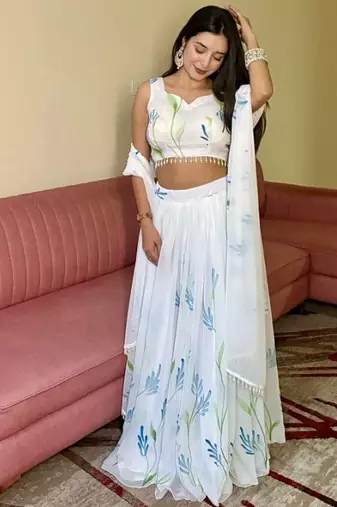 White Georgette Hand-Painted Floral Lehenga with Kodi Work Blouse and Matching Dupatta