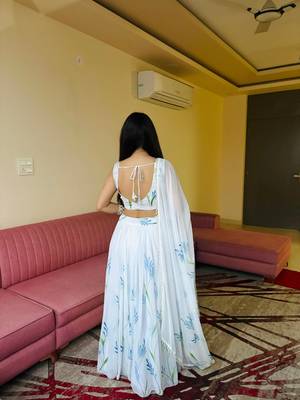 White Georgette Hand-Painted Floral Lehenga with Kodi Work Blouse and Matching Dupatta 5