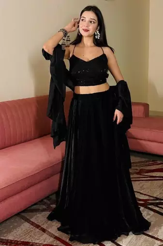 Black Sequin Work Soft Georgette Fendi Crush Lehenga with Chinnon Dupatta,Elegant Partywear Set with Stitched Blouse