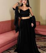 Black Sequin Work Soft Georgette Fendi Crush Lehenga with Chinnon Dupatta,Elegant Partywear Set with Stitched Blouse