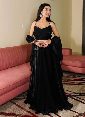 Black Sequin Work Soft Georgette Fendi Crush Lehenga with Chinnon Dupatta,Elegant Partywear Set with Stitched Blouse 2